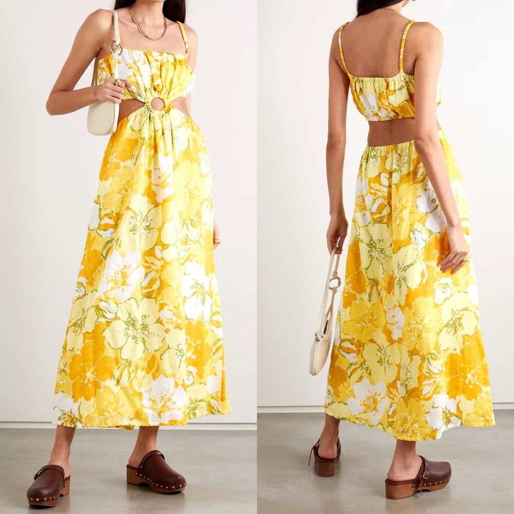 🌼 New Faithfull The Brand El Rio Cutout Floral-Print Linen Dress